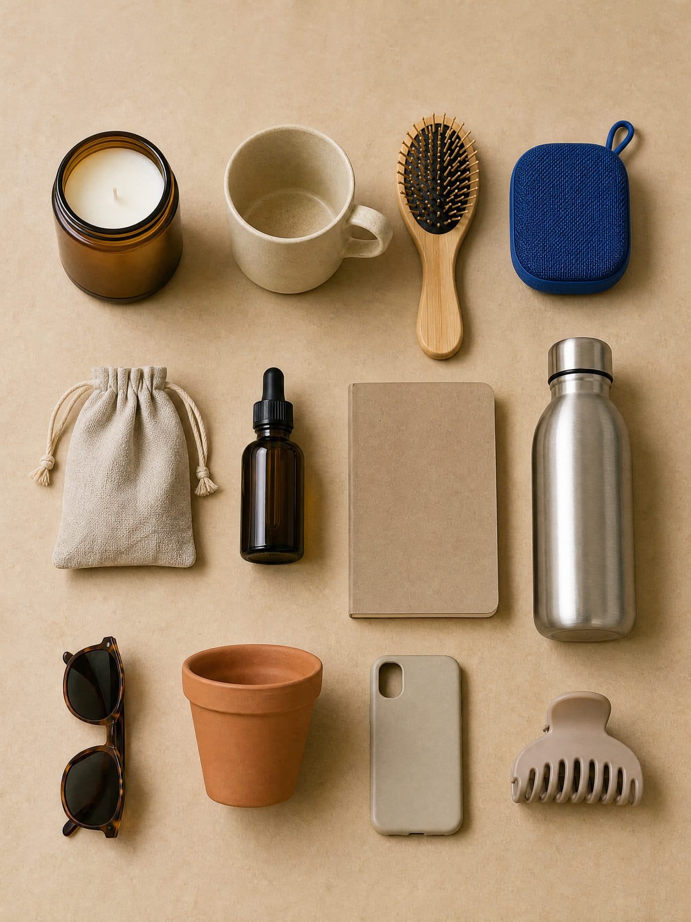 Everyday products laid out in a grid: a candle, a mug, a hairbrush, a speaker, a bottle and more