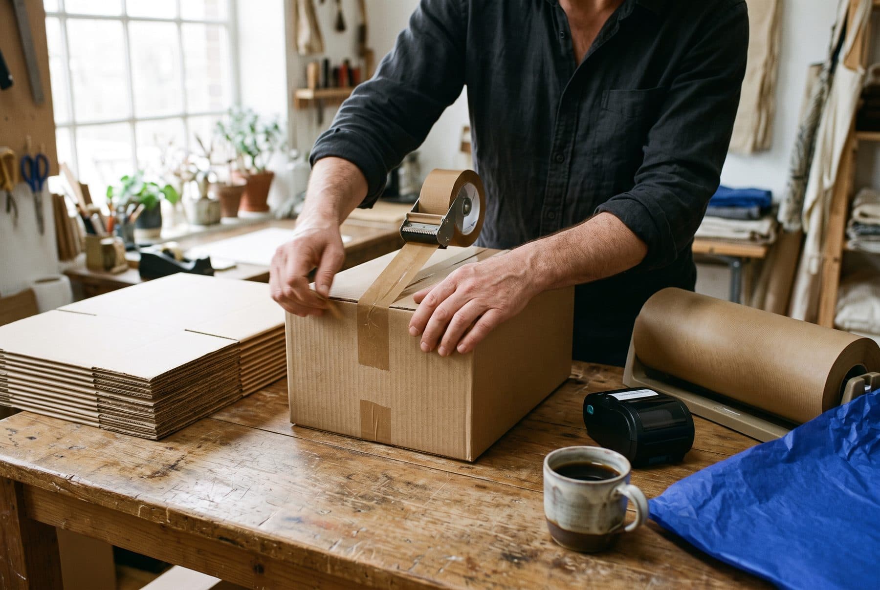 Hands sealing a kraft shipping box with tape on a wooden workbench