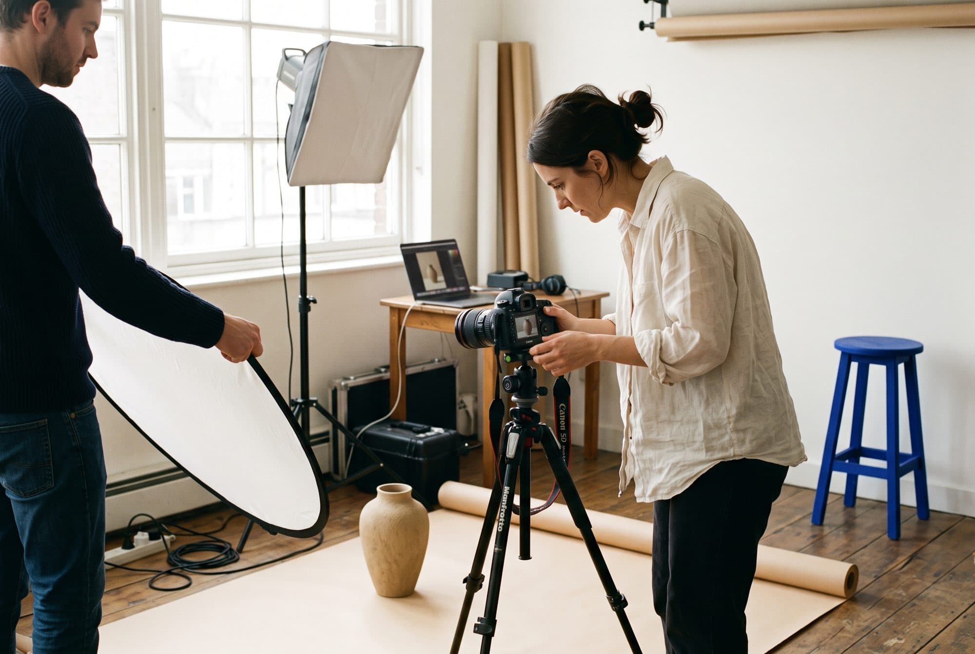 A photographer shooting a ceramic vase on a paper backdrop while a colleague holds a reflector