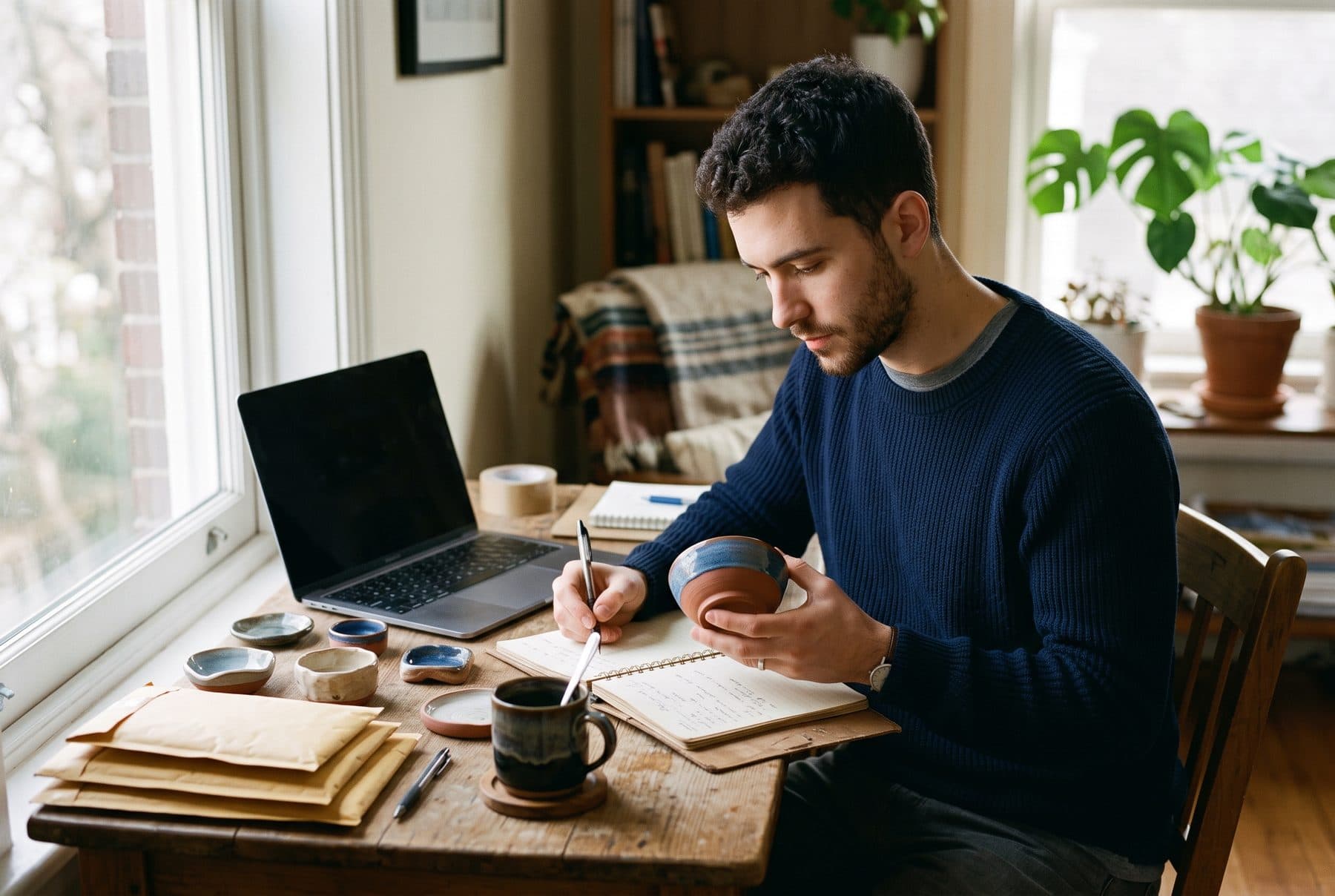 A man at a desk by the window taking notes while holding a ceramic sample