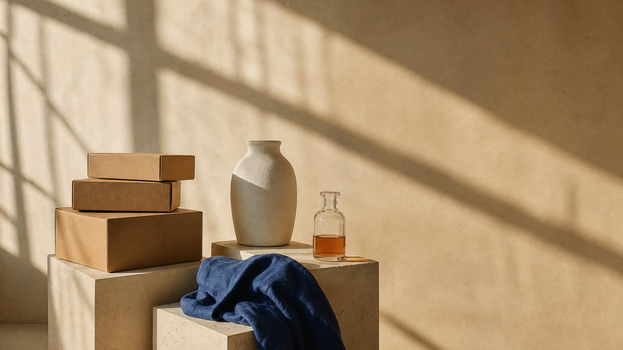 Kraft boxes, a ceramic vase, a glass bottle and a blue linen cloth on plaster plinths in afternoon light